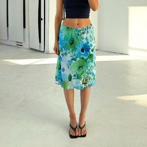 Y2K blue & green floral midi skirt